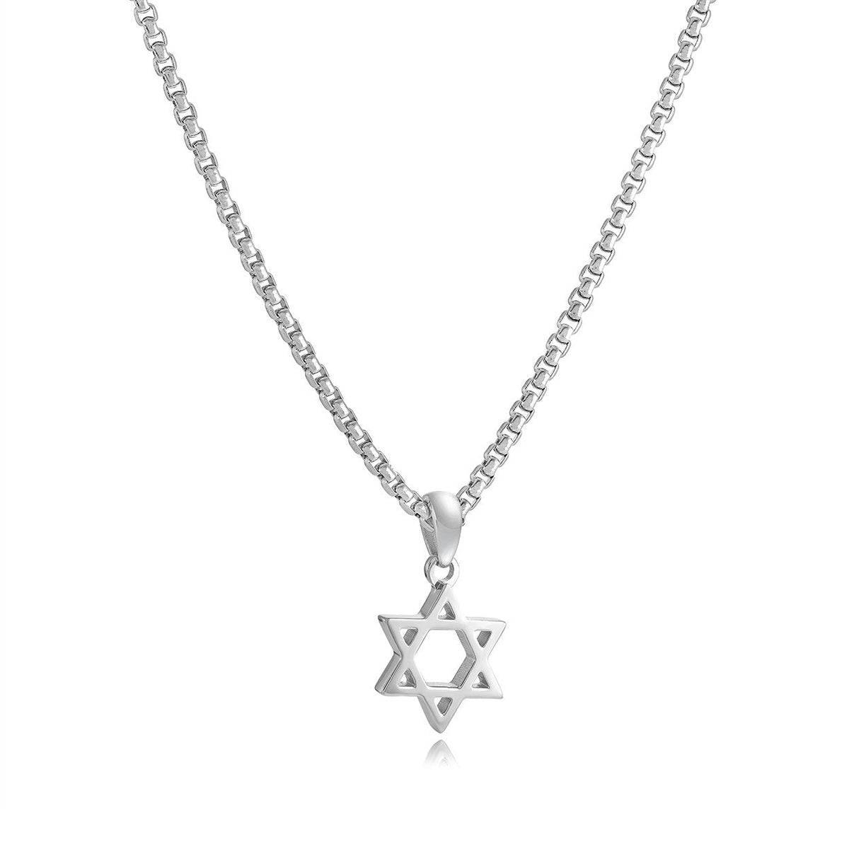 16mm open Star of David necklace in silver stainless steel on a box chain