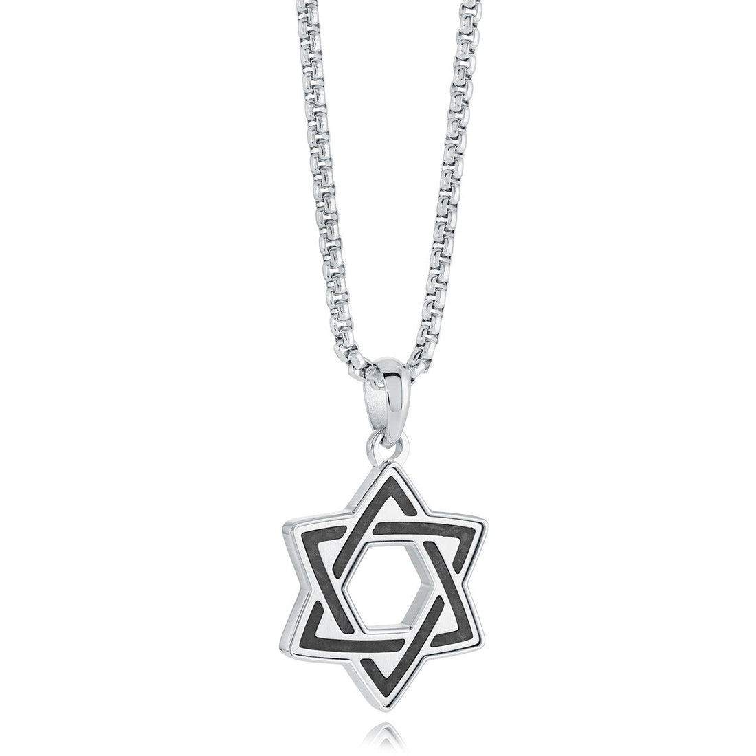 Interlaced Star of David necklace in silver stainless steel with carbon fibre inlay
