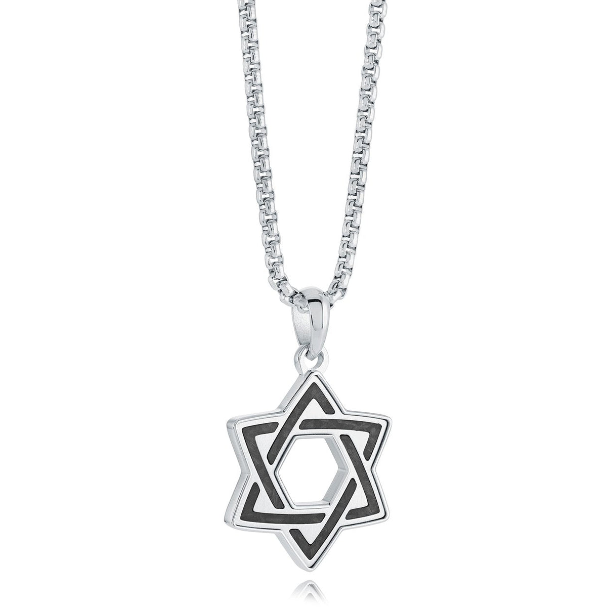 Interlaced Star of David necklace in silver stainless steel with carbon fibre inlay