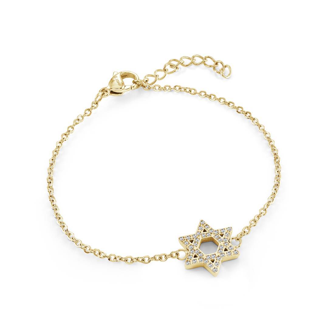 Dainty Star of David bracelet in gold ion plated stainless steel set with white cubic zirconia on an adjustable cable chain