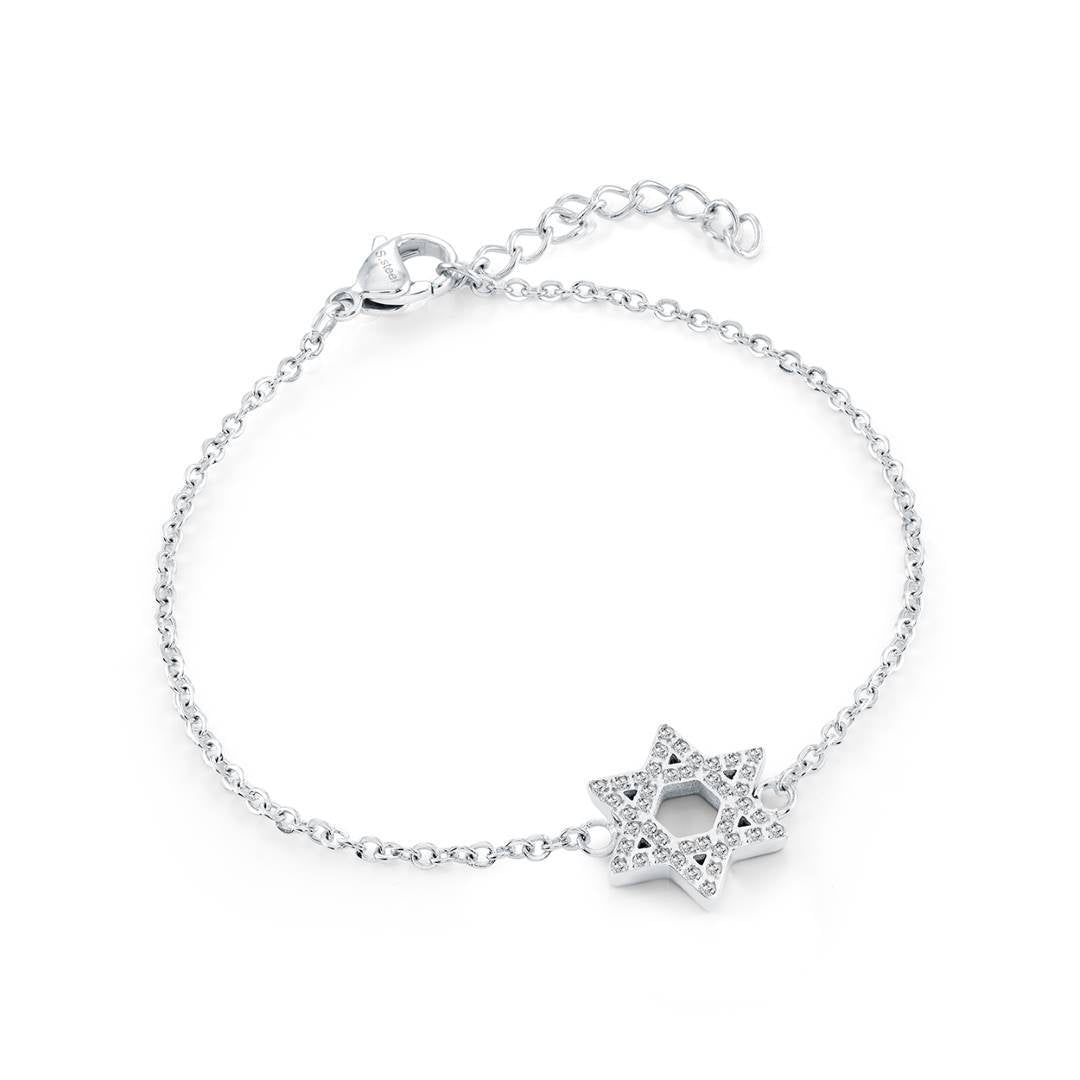Dainty Star of David bracelet in stainless steel set with white cubic zirconia on an adjustable cable chain