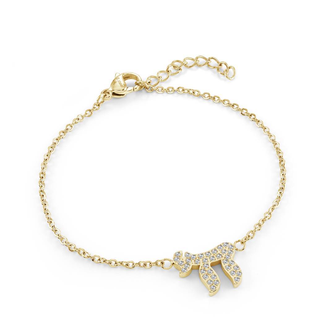 Dainty Chai bracelet in gold ion plated stainless steel set with white cubic zirconia on an adjustable cable chain