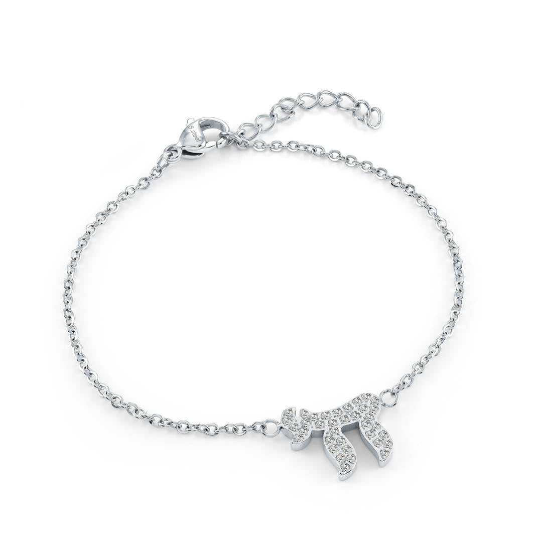 Dainty Chai bracelet in stainless steel set with white cubic zirconia on an adjustable cable chain