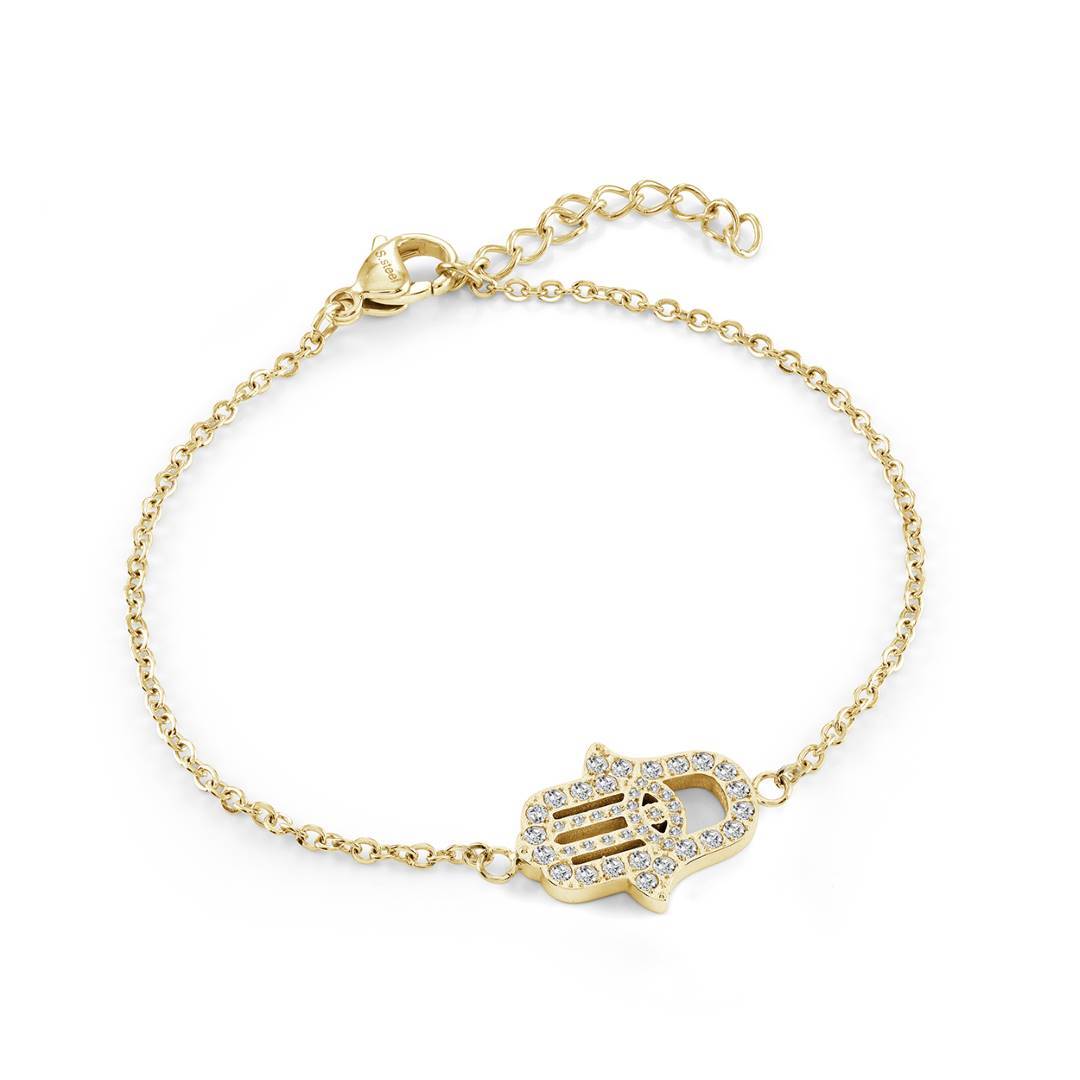 Dainty Hamsa hand bracelet in gold ion plated stainless steel set with white cubic zirconia on an adjustable cable chain