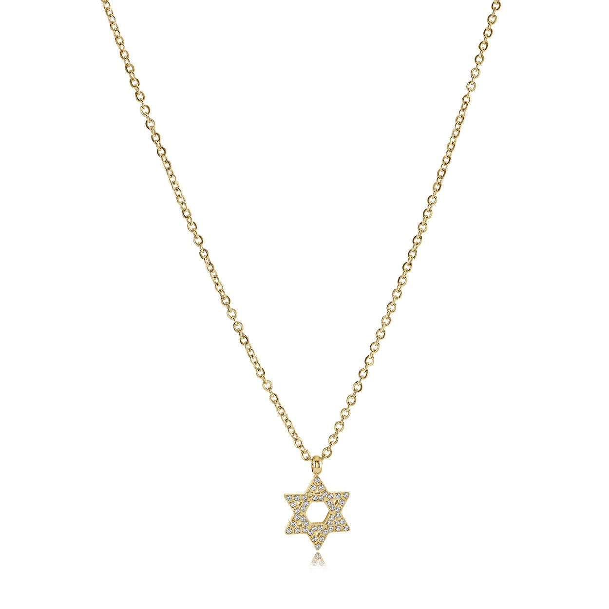 Dainty Star of David necklace in gold ion plated stainless steel set with white cubic zirconia on an adjustable cable chain