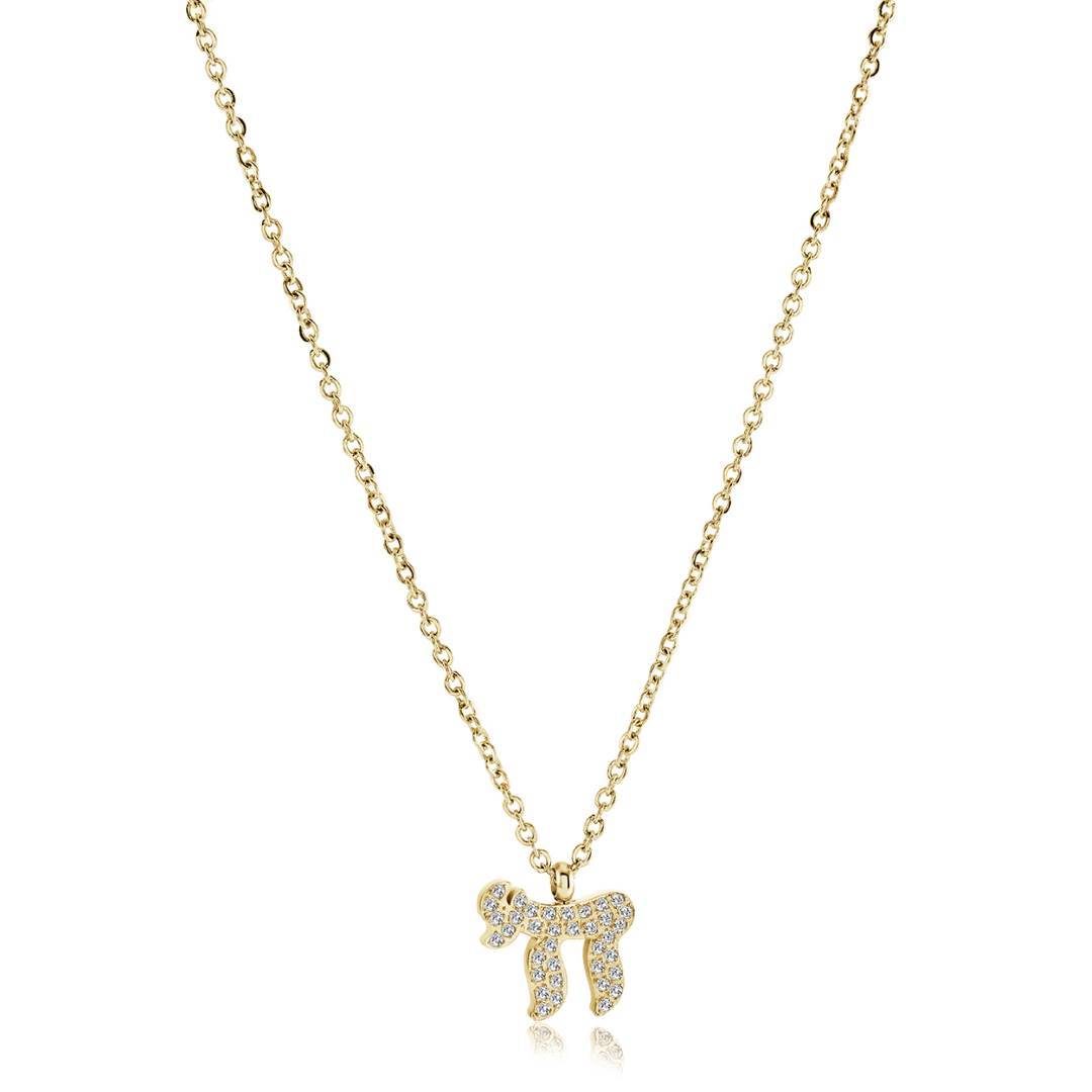 Dainty Chai pendant necklace in gold ion plated stainless steel set with white cubic zirconia on an adjustable cable chain