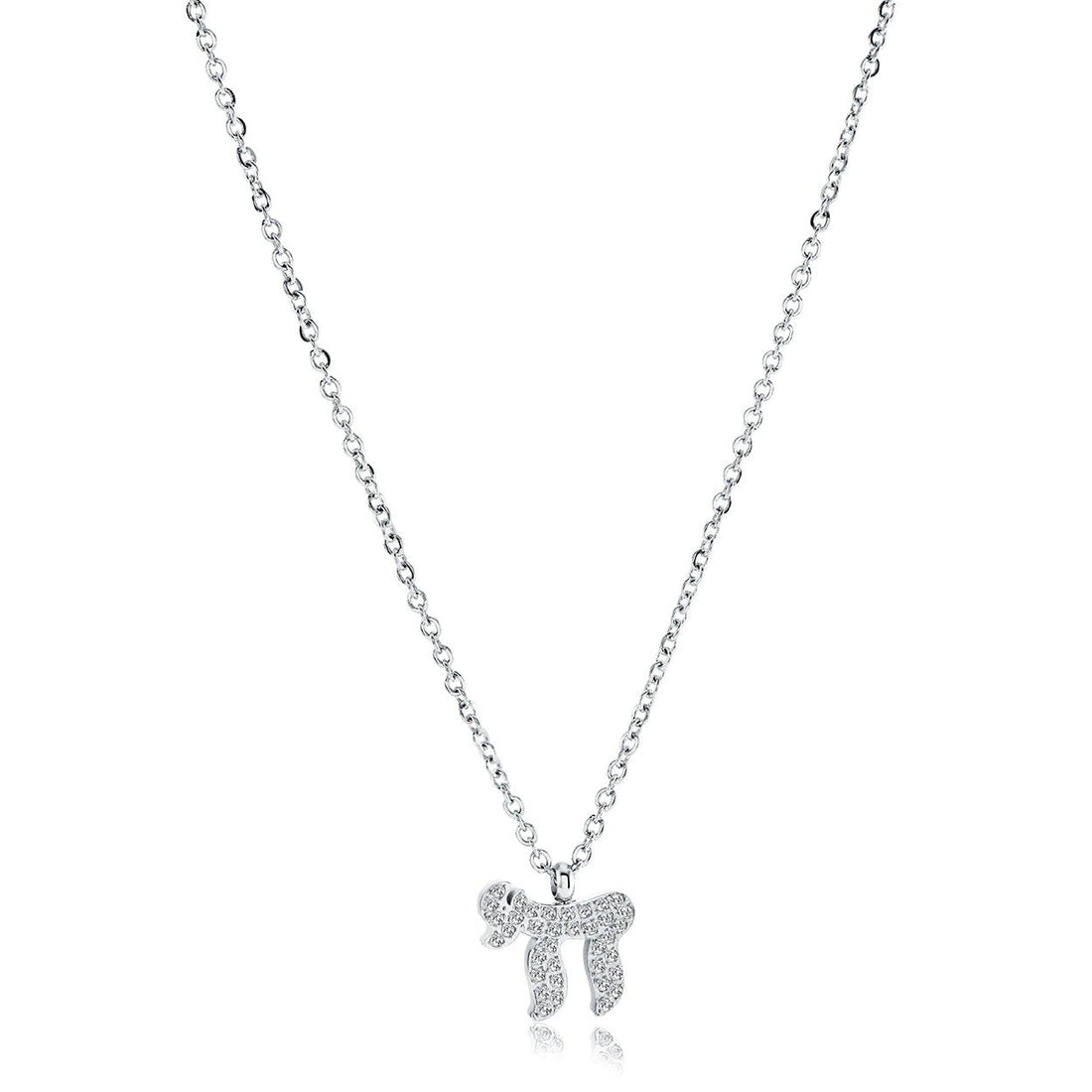 Dainty Chai pendant necklace in stainless steel set with white cubic zirconia on an adjustable cable chain