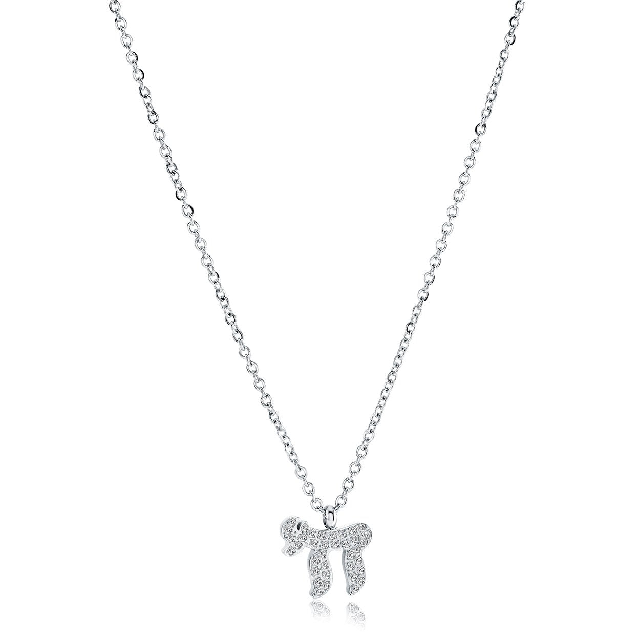 Dainty Chai pendant necklace in stainless steel set with white cubic zirconia on an adjustable cable chain