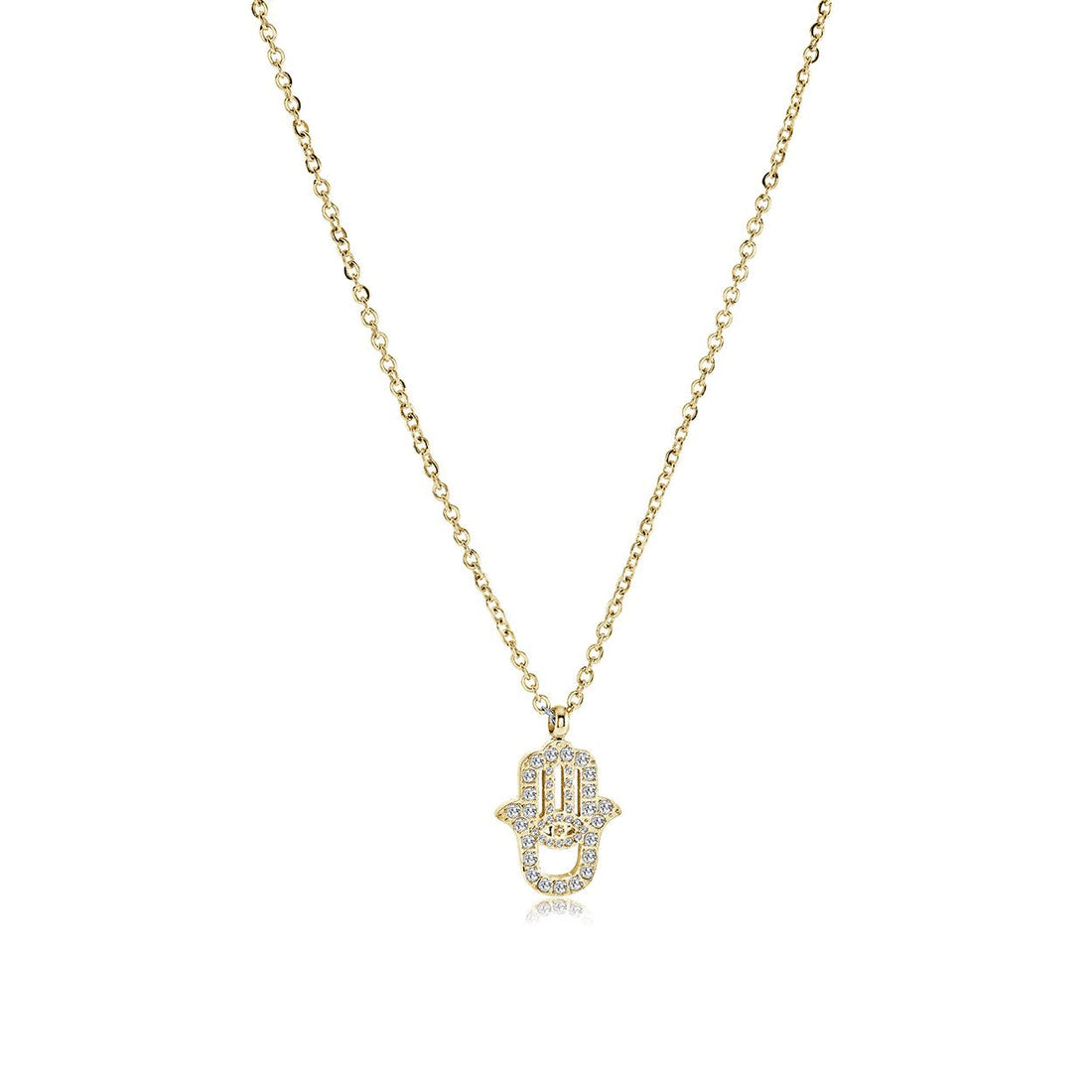 Dainty Hamsa hand pendant necklace in stainless steel set with white cubic zirconia on an adjustable cable chain