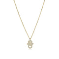 Dainty Hamsa hand pendant necklace in gold ion plated stainless steel set with white cubic zirconia on an adjustable cable chain
