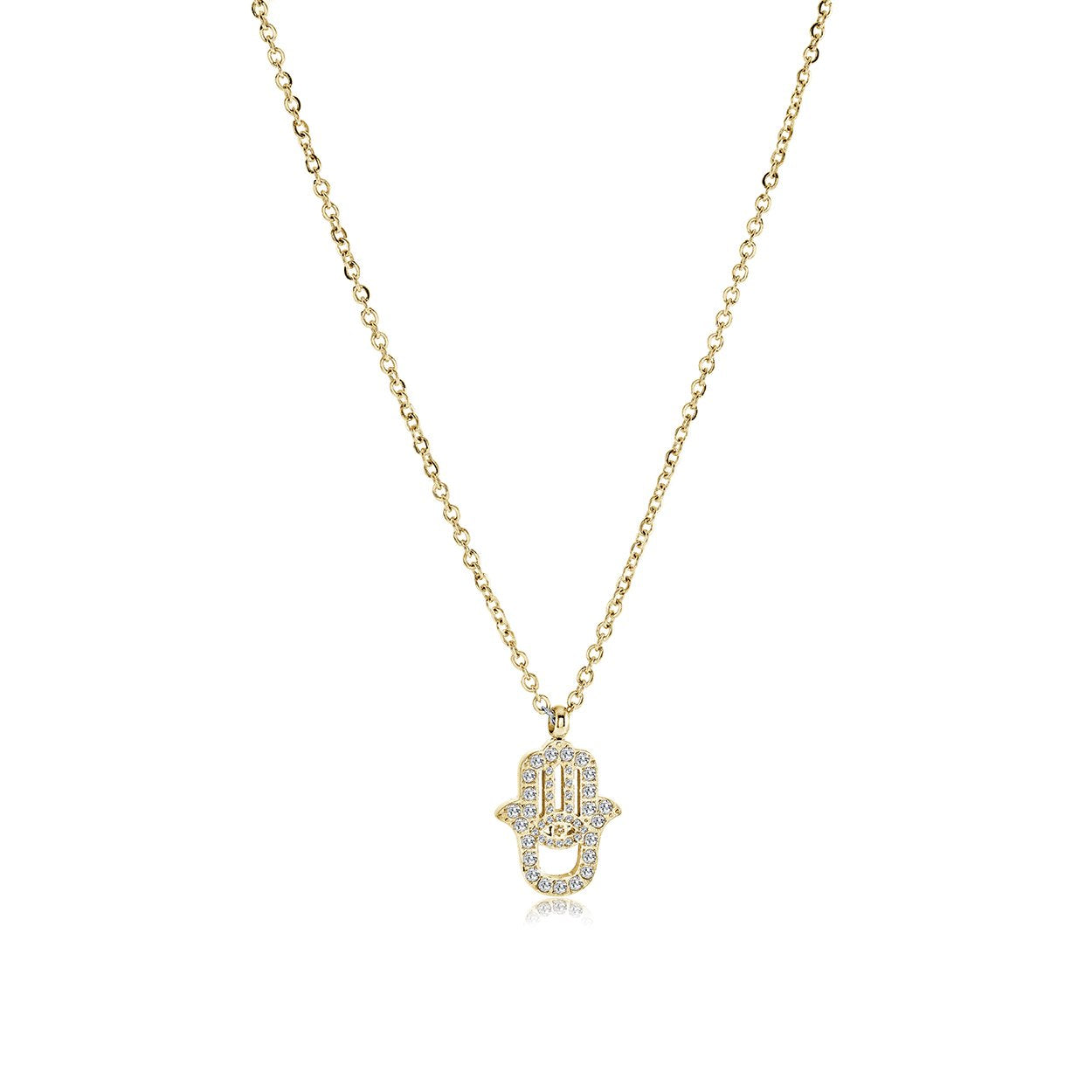 Dainty Hamsa hand pendant necklace in gold ion plated stainless steel set with white cubic zirconia on an adjustable cable chain