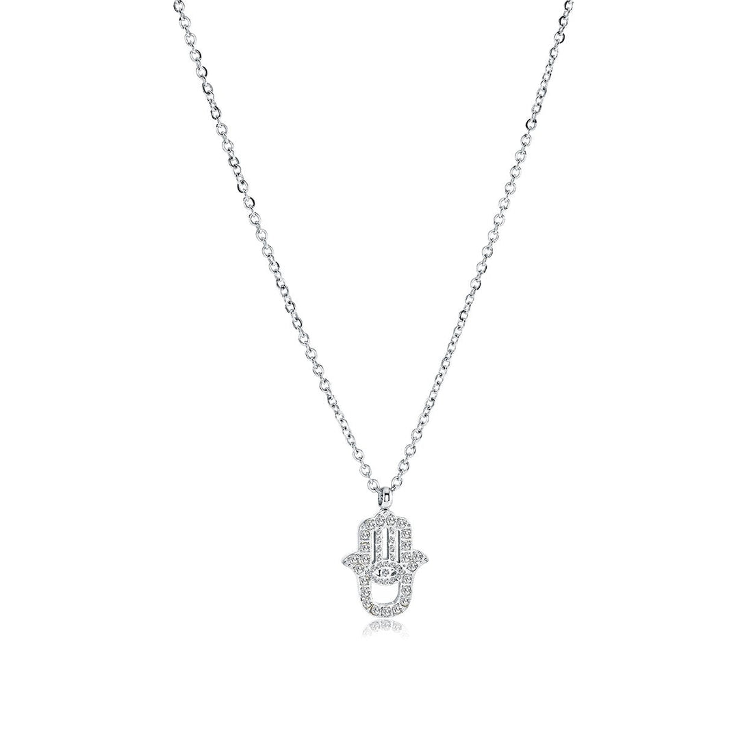 Dainty Hamsa hand pendant necklace in stainless steel set with white cubic zirconia on an adjustable cable chain