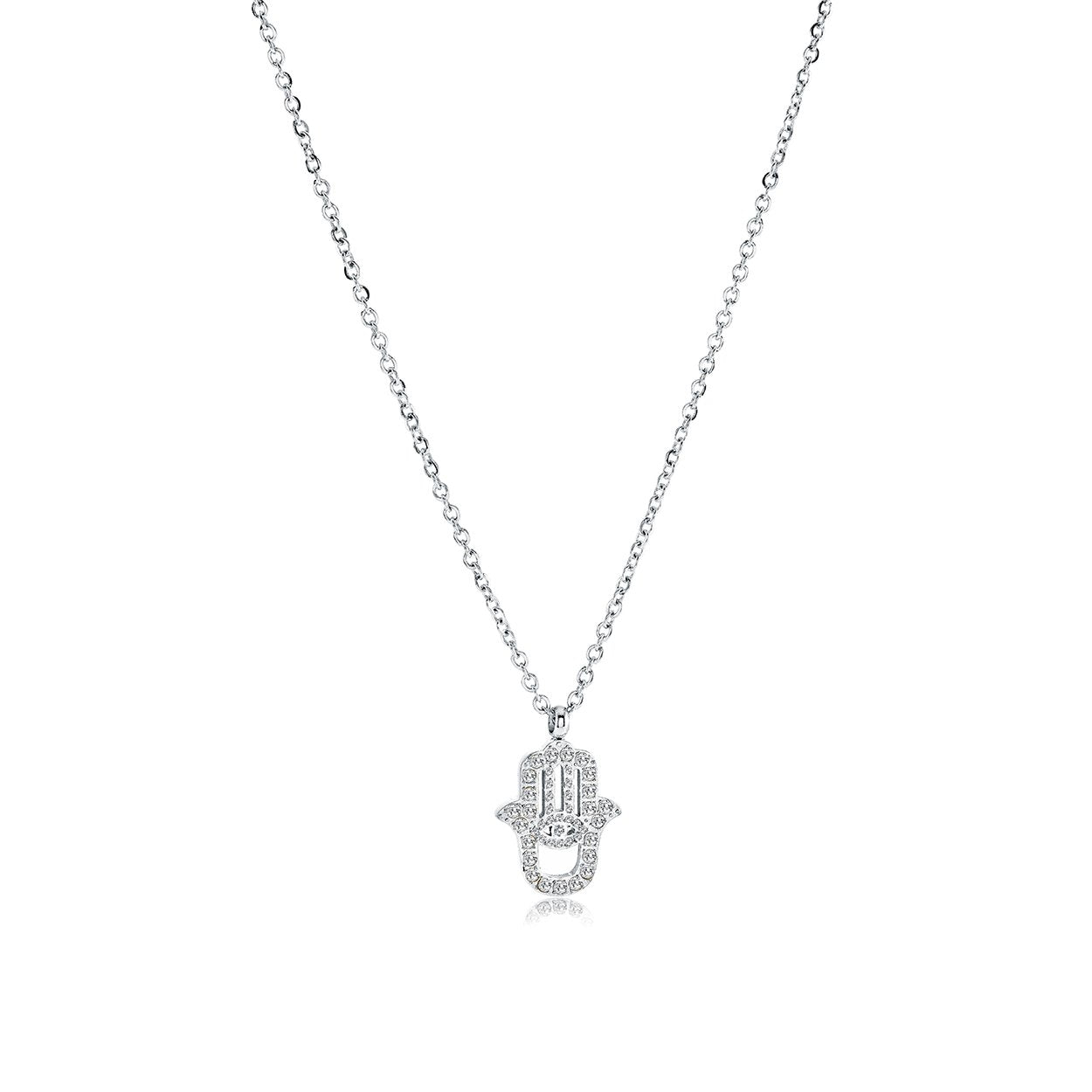 Dainty Hamsa hand pendant necklace in stainless steel set with white cubic zirconia on an adjustable cable chain