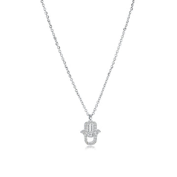 Dainty Hamsa hand pendant necklace in stainless steel set with white cubic zirconia on an adjustable cable chain