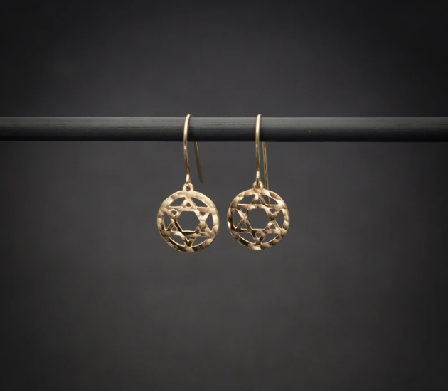 Dainty Hammered Star of David Circle Drop Earrings