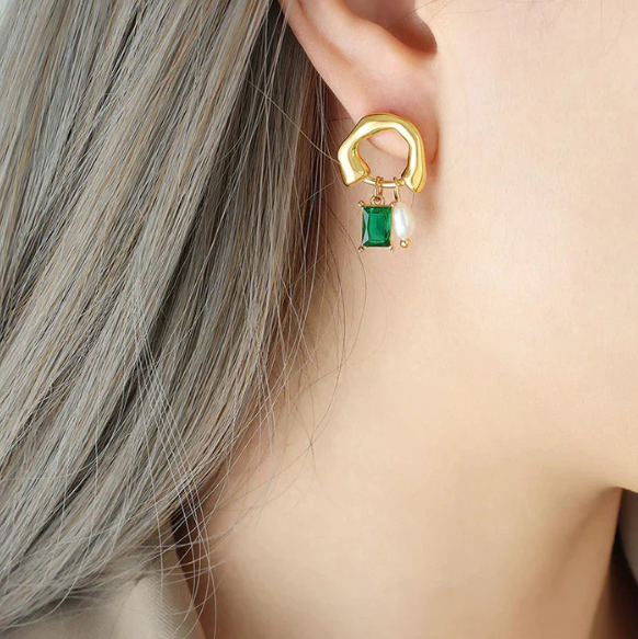 Gold Pearl and Emerald Drop Earrings