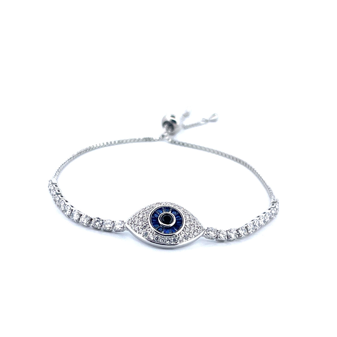 Sterling Silver Evil Eye Tennis Bracelet with Blue and White Moissanite