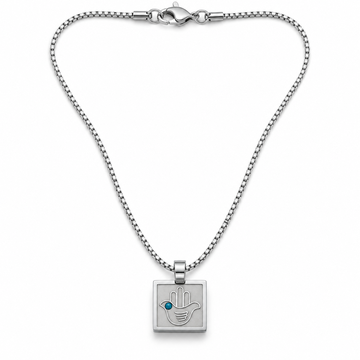 Square stainless steel hamsa pendant necklace with dove outline and turquoise stone