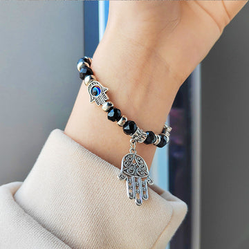 Black Crystal Beaded Hamsa Bracelet