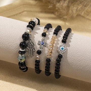 Black Crystal Beaded Hamsa Bracelet