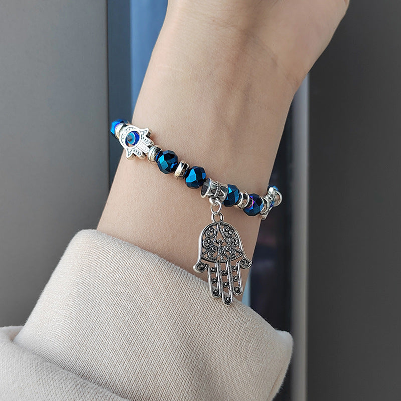 Blue Crystal Beaded Hamsa Bracelet