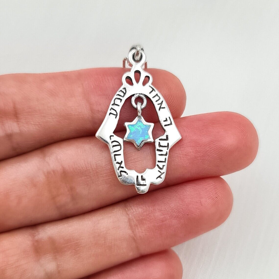 Shema Israel Hamsa Necklace with Star of David & Blue Opal