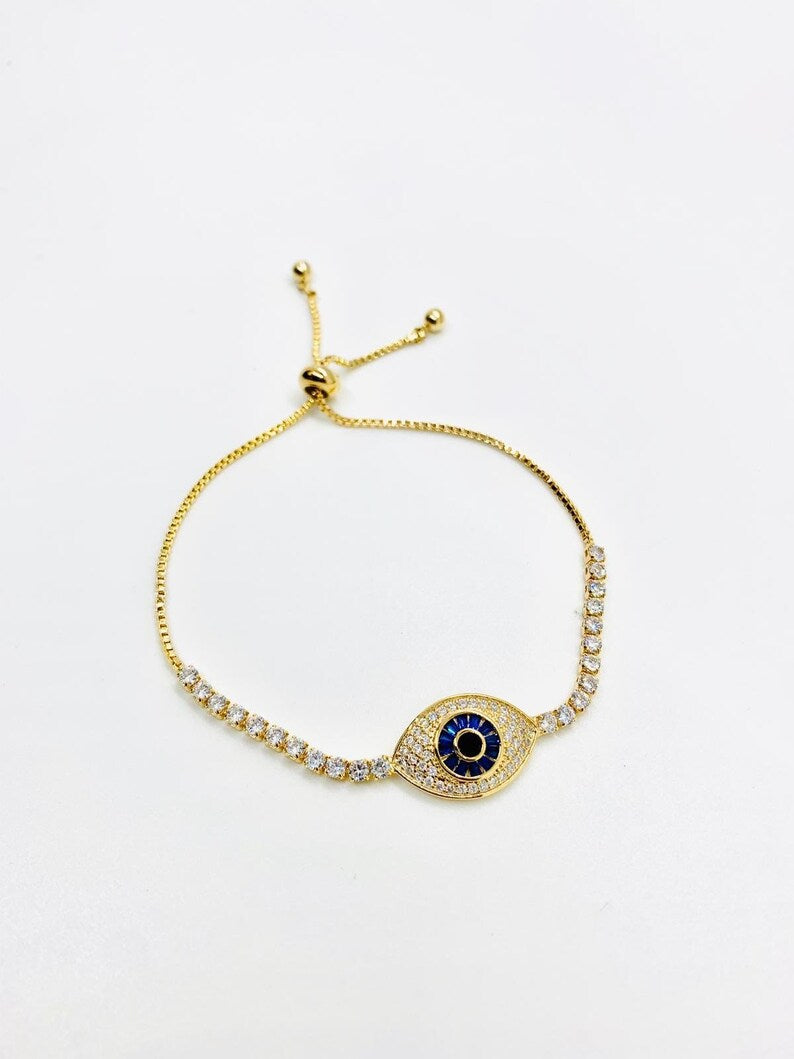 18K Gold Filled Evil Eye Tennis Bracelet with Blue and White Moissanite