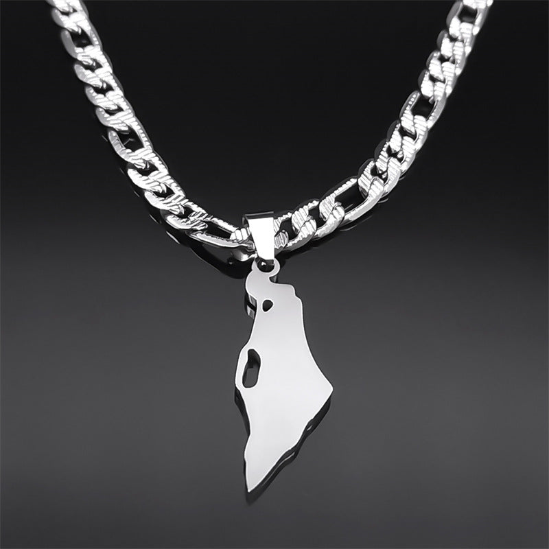 Silver Israel Map Necklace with Hebrew Inscription - "I have no other land"