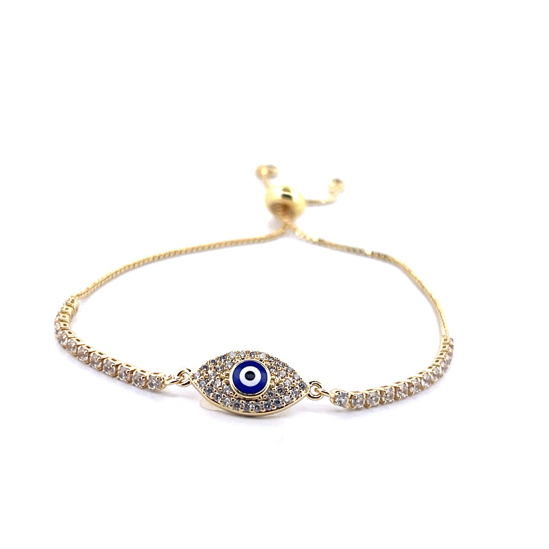 18K Gold Plated Evil Eye Tennis Bracelet with Blue and White Moissanite