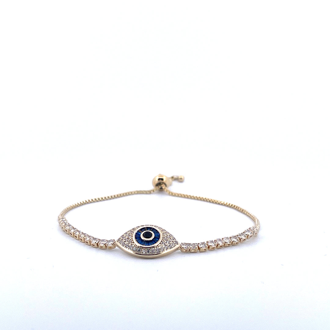 18K Gold Filled Evil Eye Tennis Bracelet with Blue and White Moissanite